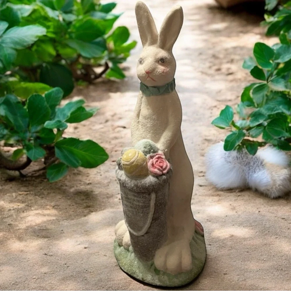 Vintage Rabbit Spring Easter Egg Basket Figurine Pier 1 White Pink Gray Blue